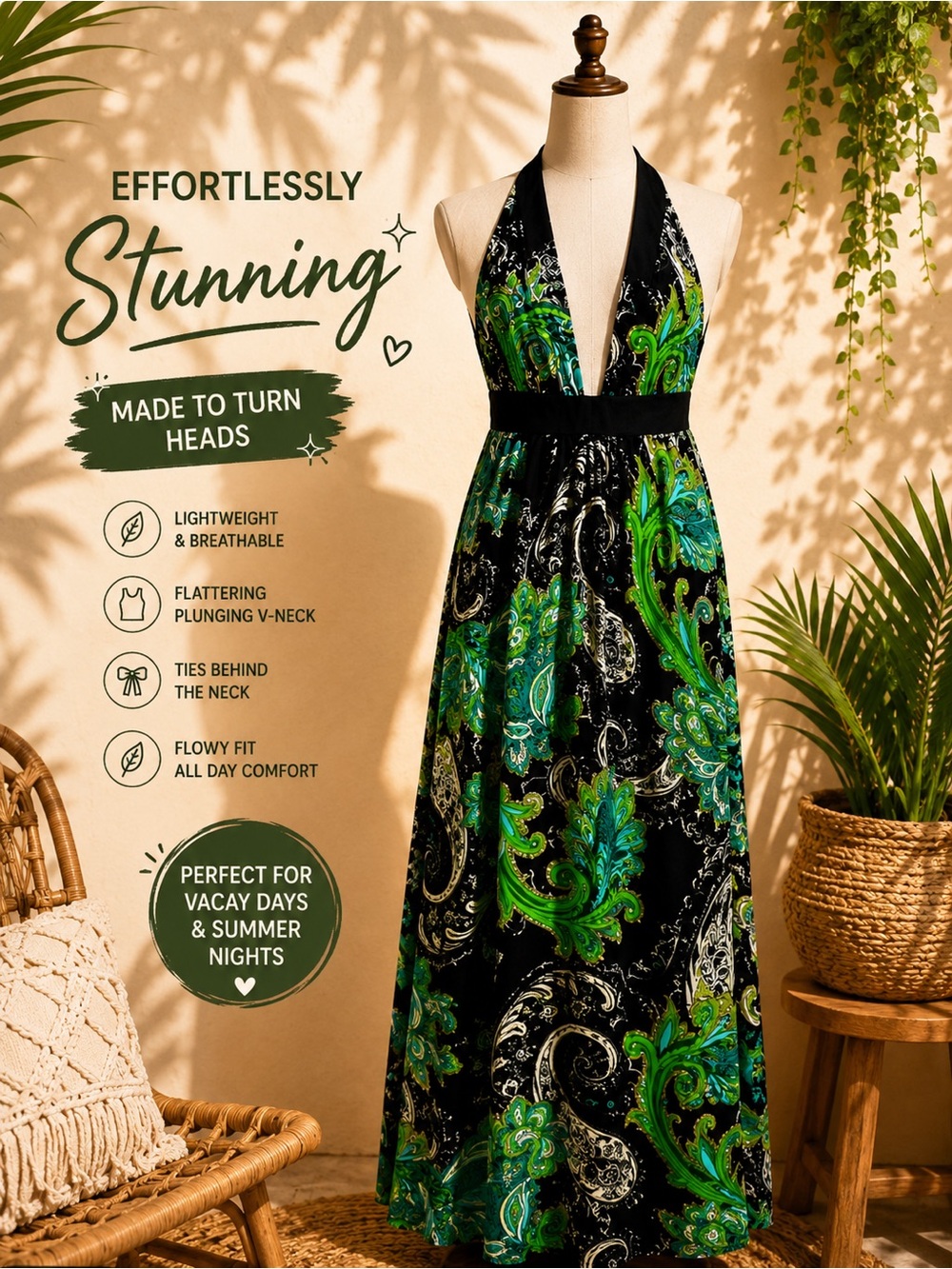 Bisou Bisou Sleeveless Black Maxi Dress with Green & Teal Paisley Print